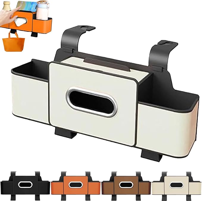 Car Organizers and Storage Box, Car Headrest Organizer Back Seat, Car Multifunctional Seat Back Waterproof Storage Bag, Car Seat Back Storage Box with 2 Cup Holders＆hooks (White, 1pcs)