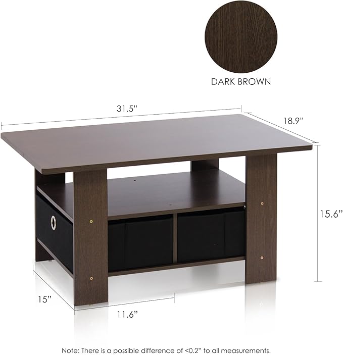 Furinno ANDREY Coffee Table, Small Modern Coffee Table with Storage and Bin Drawer, Side Table for Living Room, Bedroom, Home Office, Dark Brown