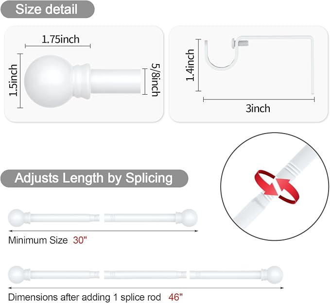 Thestoa Curtain Rods for Windows 30-46 Inch, 5/8" White Curtain Rods, Stainless Steel Small Curtain Rod for Bedroom, Living Room,Kitchen,Farmhouse, Outdoor Curtain rod White