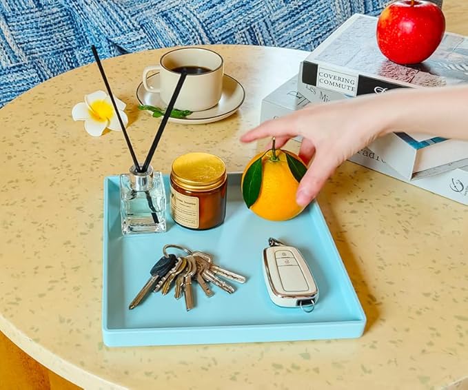 Small Square Tray (9 inch) 3 Pack, Durable Blue Tray for Desserts & Organization, Lightweight for Coffee, Drinks, Party, Seasoning, Perfume and Display.