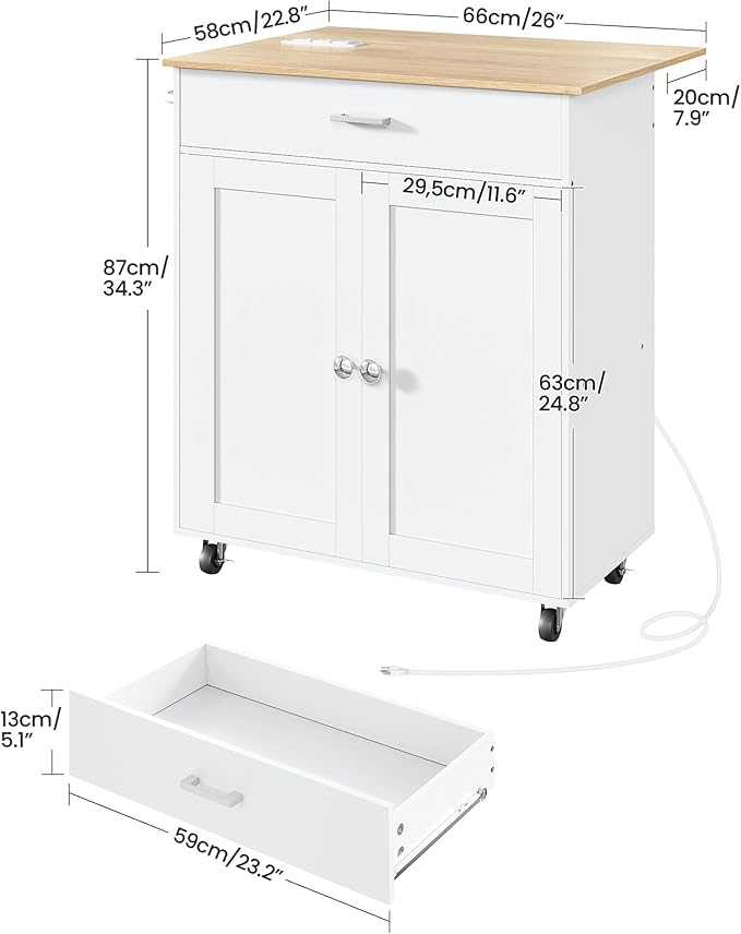 Kitchen Island, Kitchen Island Cart with One Double Cabinet and Drawer, Rolling Storage Cart with Power Strip, with Drop Leaf, for Kitchen, Living Room, White and Natural MZD01UWNN1