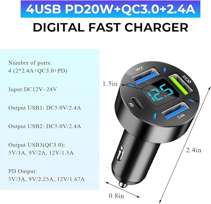 Augeny USB C Car Charger, 4 Port Auto Fast Charger with USB PD & QC 3.0, Cigarette Lighter USB Automotive Adapter Compatible with Most Mobile Cell Phone, Car Accessories (PD+QC 3.0)