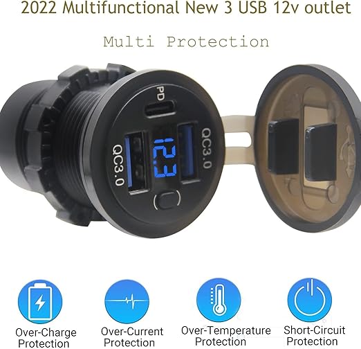 12V USB Outlet, Dual USB Quick Charge 3.0 Port & PD USB C Car Charger Socket with Voltmeter and Power Switch for Car Boat Marine Truck 2 Pack