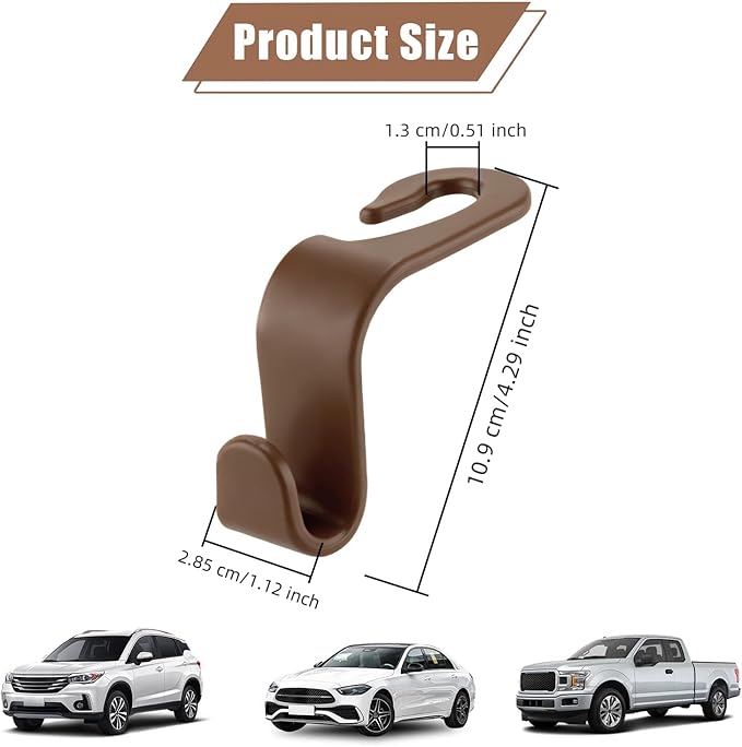 4 PCS Car Headrest Hooks - 360 Rotatable Auto Back Seat Storage Organizer, Universal Vehicle Car Organization Hangers for Purses, Bags, Cloths & Water Bottles Hook Seat Accessories, Brown