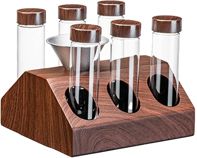 Wooden Coffee Bean Sampling Set with Test Tubes, Funnel - Coffee Bean Storage & Tasting Kit for Coffee Lovers, Cafes (F)
