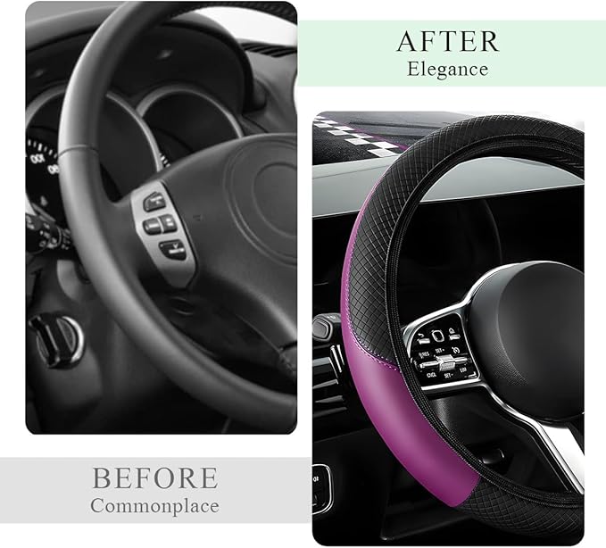 Elastic Car Steering Wheel Cover, Microfiber Leather Carbon Fiber Steering Wheel Protector with Anti-Slip Lining, Interior Accessory (Black & Purple, AD)