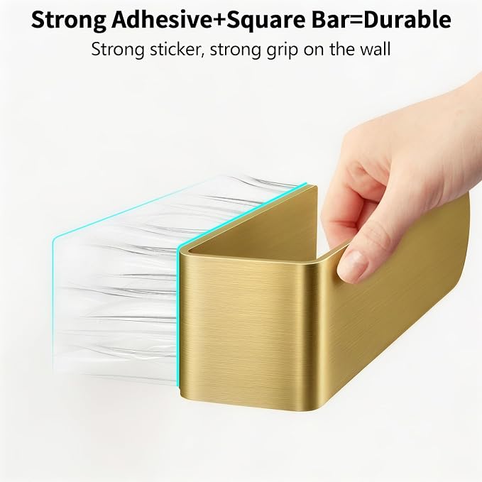 Bethom 2 Pack Gold Hand Towel Holder, 8 Inch Square Adhesive for Kitchen | Self Adhesive Towel Bars Stick on Wall, Hand Towel Racks for Bathroom, RV, BBQ Grill, Aluminum