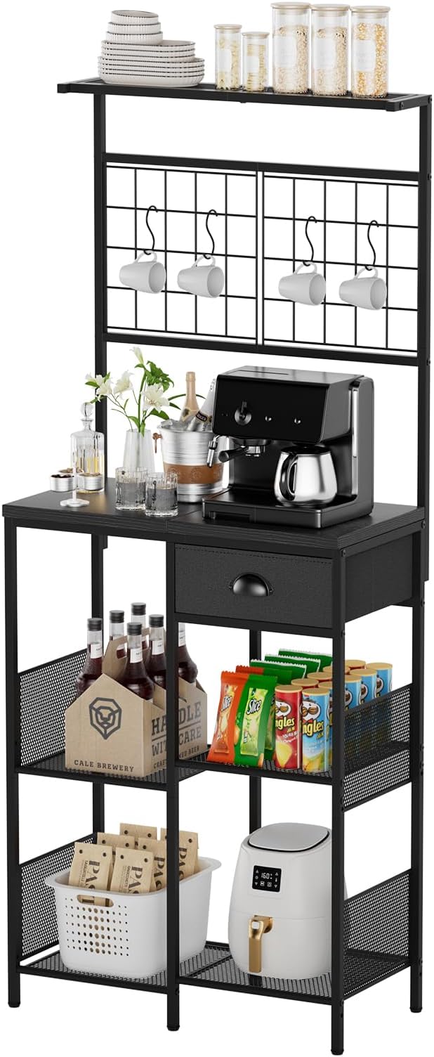 Aduanbang Farmhouse Coffee Bar Cabinet with Storage Drawer, Extended Worktop Corner Station, Home Bar Table for Living Room, Entryway (Black)