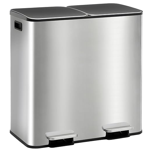 DUMOS 2 x 10.5 Gallon Kitchen Trash Can with Lid, Stainless Steel Garbage Can with Soft-Close Lid & Removable Inner Buckets, Dual Compartment Step-on Waste Bins for Kitchen, Home Office