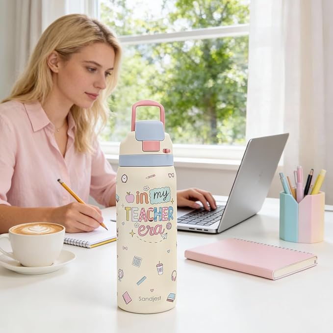 Teacher Stainless Steel Water Bottle, In My Teacher Era, Vacuum Insulated, Push-Button Lid, 32 oz, Gifts for Women Girls Friends Back to School Appreciation Birthday Christmas