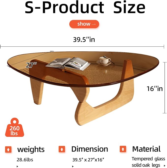 Mid Century Modern Glass Coffee Table, Coffee Table for Living Room, Noguchi Coffee Tables,Suitable for Bedroom Living Room Reception Office Tables (Wood/Brown, ML)