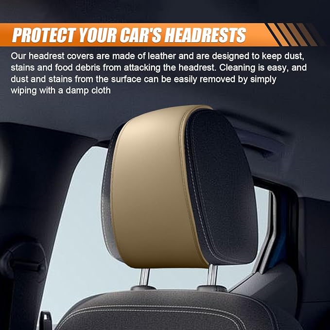 2PCS Car Headrest Covers for Back Seat, Leather Dirt-Proof Car Seat Head Rest Protector with Pocket, All Season Universal Auto Interior Decoration Headrest Organizer for Phone, Key (Beige)