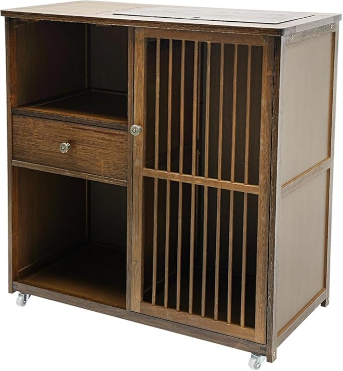 Farmhouse Coffee Station Table on Wheels, Mobile Tea Table Buffet Sideboard Cabinet for Home Kitchen Dining Room (Walnut) (Color:Walnut)