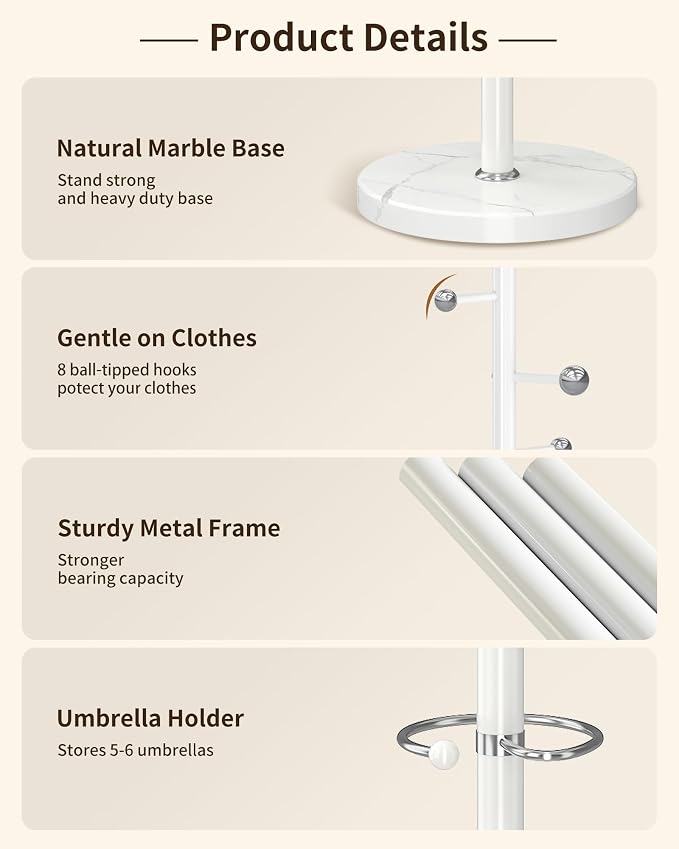 ZOZOE Metal Coat Rack Stand, Modern Coat Rack Freestanding with Natural Marble Base, Sturdy Industrial Coat Racks with 8 Hooks & Umbrella Holder,White Coat Tree Hanger Stand for Entryway,Office