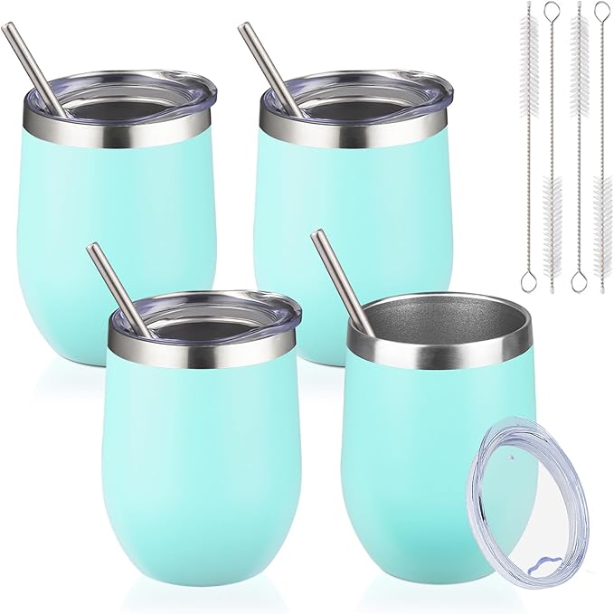 12oz/4 Pack Wine Tumbler with lid, Stainless Steel Travel Mugs Stemless Double Wall Insulated Coffee Cup, Insulated Wine Glasses Travel Tumbler for Cold & Hot Drinks(Light Green,4)