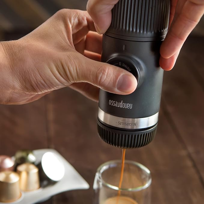 WACACO Nanopresso Portable Espresso Maker Bundled with NS Adapter, Compatible with NS Capsules and Ground Coffee, Compact Size 2.44"x2.8"x6.65", Manually Travel Coffee Machine Set, Perfect for Camping