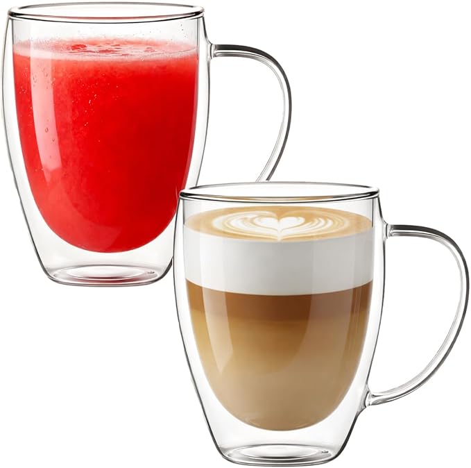 Glass Coffee Cups Set Of 2-12oz Double Walled Glass Coffee Mugs with Handle,Clear Insulated Borosilicate Glass Mug,Suitable for Cappuccino,Tea,Latte,Hot Beverage and Wine (2 pack 12oz)