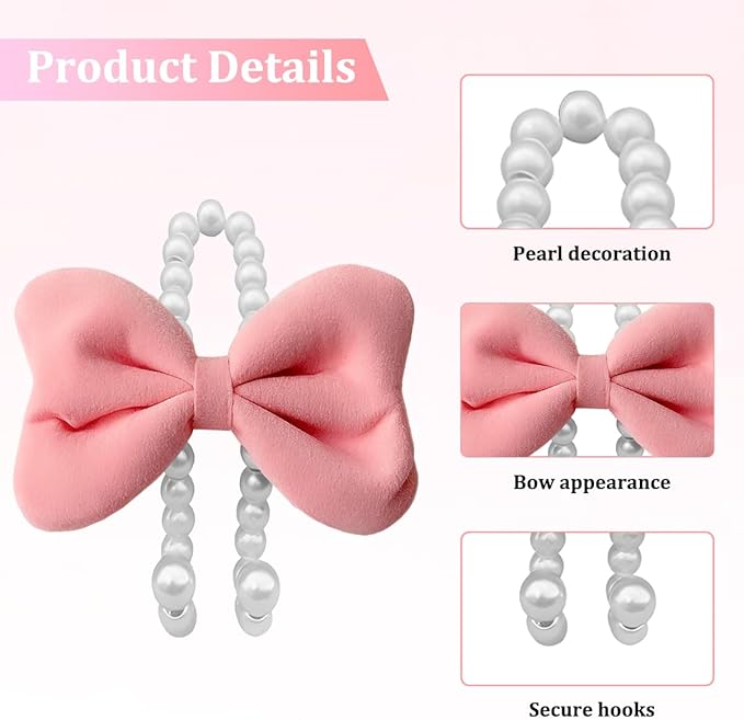 Car Seat Headrest Hook, 2PCS Elegant Bow Pearl Cute Vehicle Back Seat Hanger Hook, Automotive Headrest Storage Organizer for Handbag Purse Coat, Universal for SUV RV Truck (Pink)