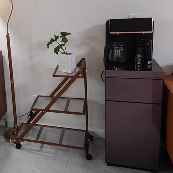 Folding Side Table Glass Coffee Station Table on Wheels,Movable Coffee Bar Stand Cart with Storage,Foldable Coffee Table,for Home Kitchen, Entryway, Living Room,Dining Room(Brown,45x32x57cm)