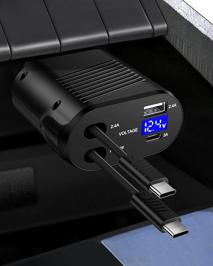4-in-1 Retractable Car Charger Fast Charging Dual USB Ports & USB C Cables, USBC for iPhone 17 16e 16 Pro Max 16Pro 15 Plus Samsung Galaxy Cigarette Lighter Cargodor C Type Cord Android Car Charger