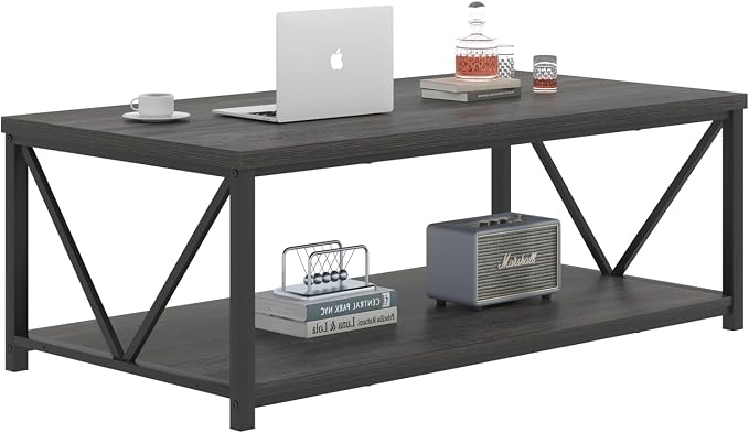 FOLUBAN Coffee Table with Storage, Modern Small Center Tables for Small Spaces, Rustic Wood and Metal Cocktail Table for Living Room, 39.3 Inch Dark Gray