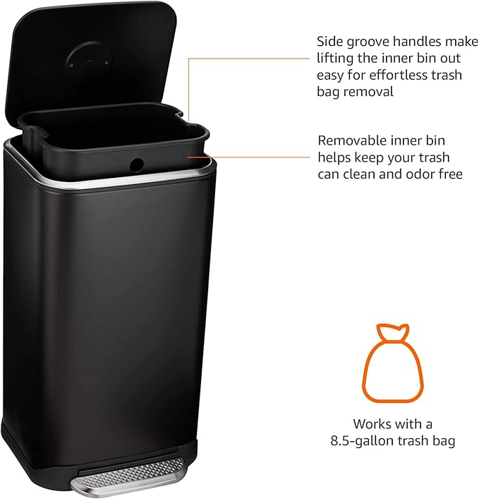 Amazon Basics Rectangular Metal Trash Can With Soft-Close Foot Pedal, Fingerprint Resistant, Removable Inner Bucket, 32 liter/8.5 gallon, Black, 14"L x 14"W x 25.3"H