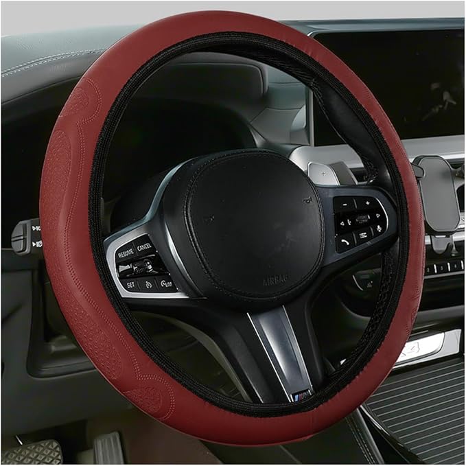 Car Steering Wheel Cover, 15 Inch Leather Soft Elastic Stretch Anti Slip Auto Steering Wheel Wrap Guard, Breathable Vehicle Interior Accessories, Universal for SUV RV Truck (Wine Red)