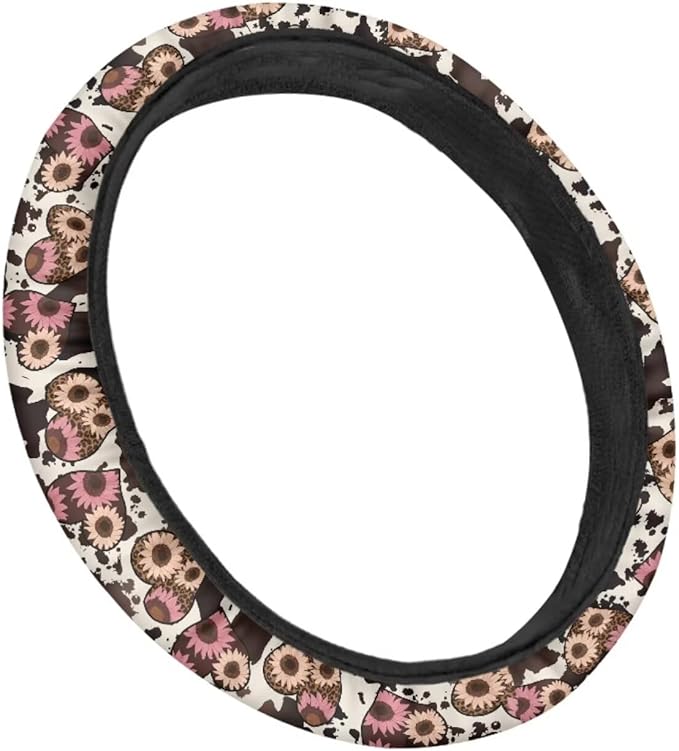 Universal Non-Slip Steering Wheel Cover, 15-inch Polyester Material Driving Accessories, Adjustable for Car and Truck(Sunflower Heart Leopard Print)
