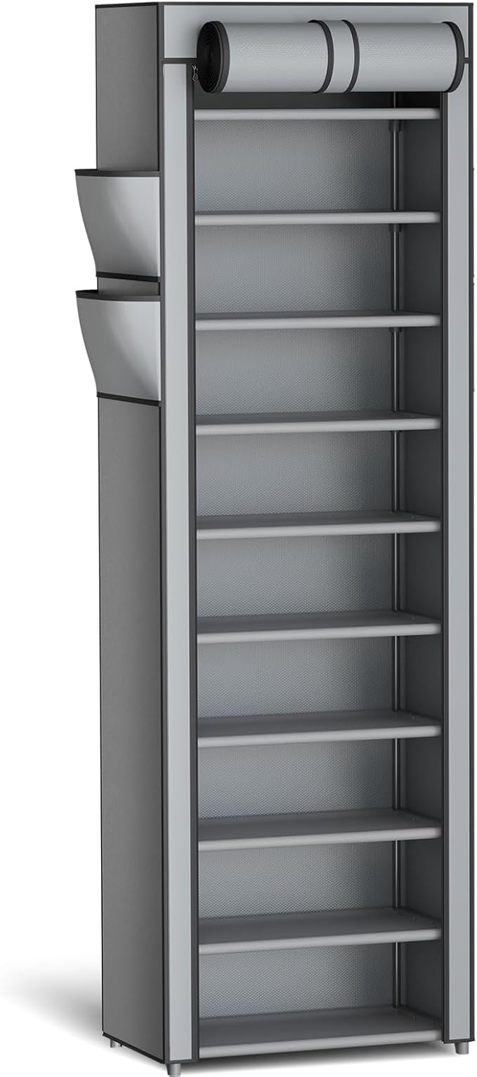Kitsure Shoe Rack - 10-Tier Large Capacity Shoe Organizer Shelf with Dust Cover & Side Pockets, Rust-Proof Metal Shoe Rack for Closet, Entrance, Living Room, 17.5" x 12.4" x 69.3", Grey
