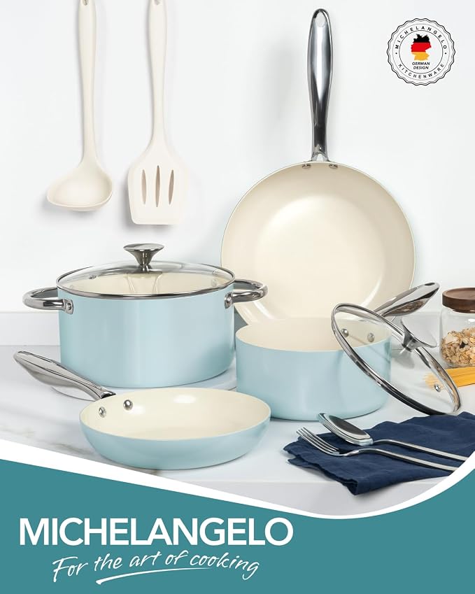 MICHELANGELO Pots and Pans Set Non Stick, 8-Piece Ti-infused Ceramic Cookware Set with Silicone Utensils - Induction Compatible, Oven Safe, PFOA-Free, Blue