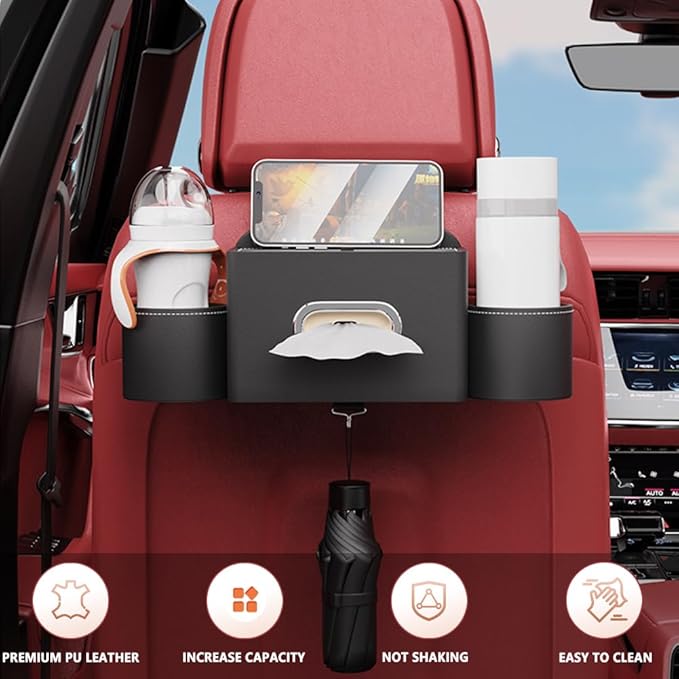 Tumecos Car Seat Back Storage Box,Backseat Organizer with Cup Holder, Large Capacity Storage Box, Waterproof Drink Holder，Car Rear Seat Storage Pocket Universal for Most Vehicles