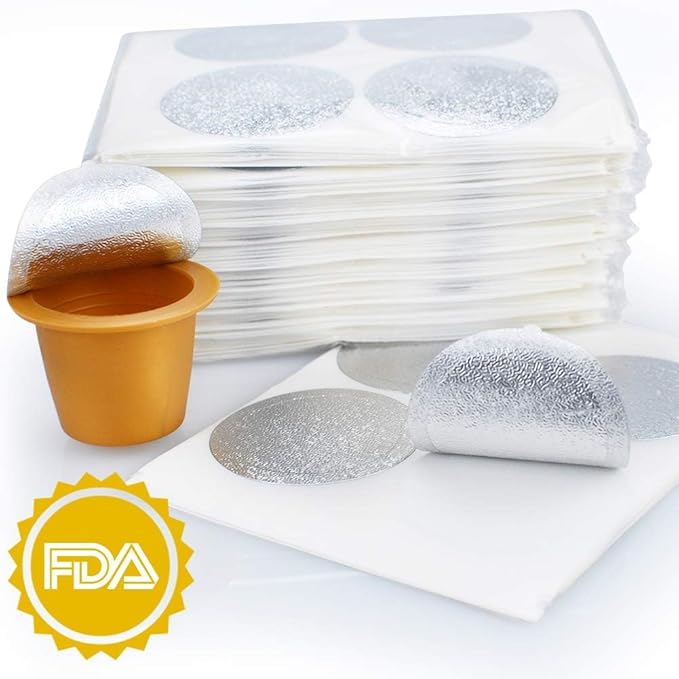 CAPMESSO Espresso Foils and Refillable Capsules-Seal Lids to Reusable Capsules Coffee Pod Compatible with Nespresso Original Line Machines (Silver -1000pcs Lids+6 pcs Pods)