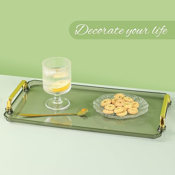 Acrylic Serving Tray with Handles, 16x9 Inch Ottoman Tray, Spill-Proof Coffee Table Tray for Couch, Bedroom & Countertop Decor (Green)