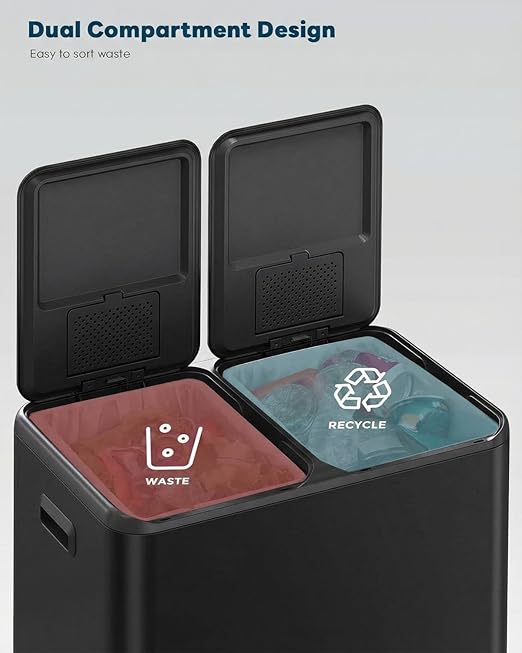 ComfyCorner 16 Gal (2 x 30 L) Dual Trash Can, Stainless Steel Kitchen Garbage Bin, Recycle Dustbin with Odor Control Box, Soft-Close Lid, Inner Buckets, Side Handle, Step Pedal, for Home Office