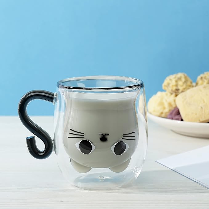 Cat Mugs, Double Wall Glass Cute Coffee Tea Cup, Graduation Valentines Mothers Day Easter Halloween Christmas Gifts for Women Wife Mum Her Girl Teacher Friend, Birthday Present Idea