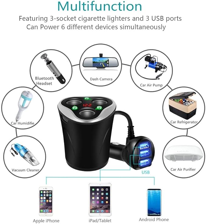 Skyocean 3 Socket Cigarette Lighter Splitter Power Adapter + 3 USB Car Charger 120W 12V/24V DC Outlet with Volt Meter, On/Off Switch for Cell Phone GPS Dash Cam & All Electronic Devices (Black)