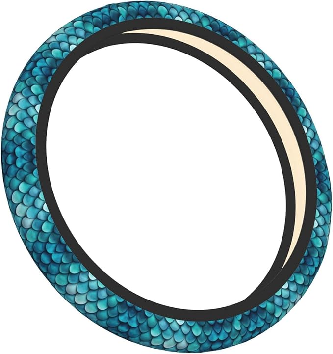 Blue Teal Mermaid Fish Scales Art Car Steering Wheel Cover, 15 Inch Steering Wheel Cover Stylish Decor for Most Cars