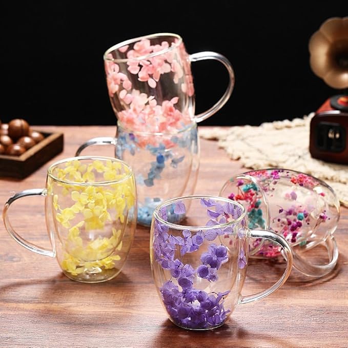 Double Wall Glass Coffee Mugs, 12 oz Clear Floral Insulated Glass Cups with Handle, Hand Blown Borosilicate Coffee Mug for Espresso, Cappuccino, Latte, Tea & Hot Beverages (Purple)