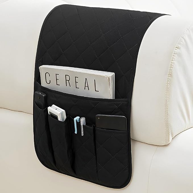 RETON Sofa Armrest Organizer with 5 Pockets, Non Slip Remote Control Caddy with 8 Pieces of Hook and Loop Fasteners, Armchair Caddy Holder Storage for Magazine Recliner Book TV Phone (Black)