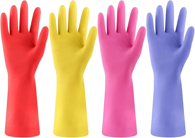 Rubber Kitchen Dishwashing Gloves - 4 Pairs Colorful Reusable Cleaning Gloves for Kitchen Washing Dishes and Household Cleaning(Large, Blue+Pink+Yellow+Red)