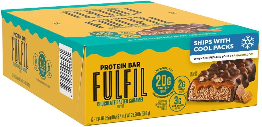 FULFIL Protein Bars, Chocolate Salted Caramel Flavored, Gluten Free with 20g Protein, Pantry Staples, 12 Count