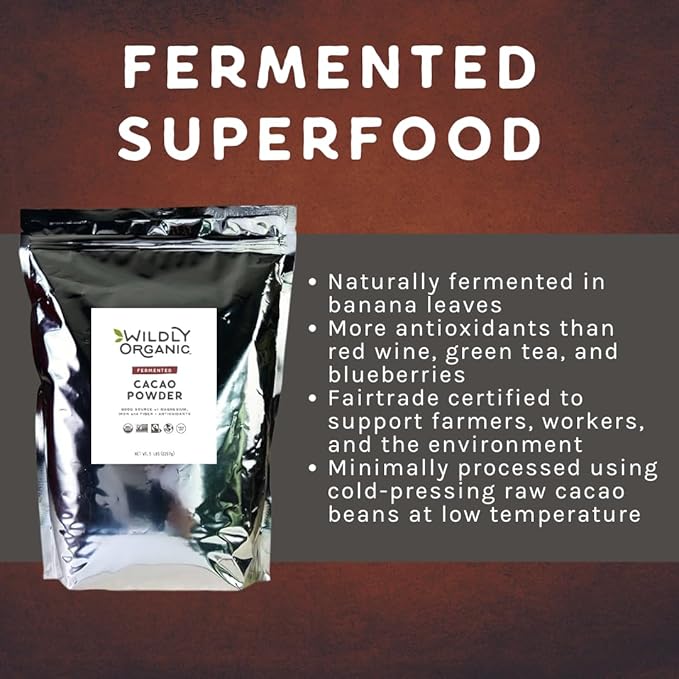 Wildly Organic Fermented Cacao Powder 80 Oz, 5 lb Bag - Organic, Non-Alkalized, Minimally Processed, High in Antioxidants, Raw, Fair Trade, Non-GMO, Kosher, Vegan, Premium Rich Chocolate Flavor - Perfect for Skin, Smoothies, Yogurt, Oatmeal, Chocolate,...