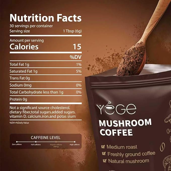 Mushroom Coffee, Instant Mushroom Coffee with Cordyceps, Reishi, King Trumpet, Shitake, Turkey Tail, Lions Mane for Energy, Focus, Positive Mood & Immune Support (30 Servings)