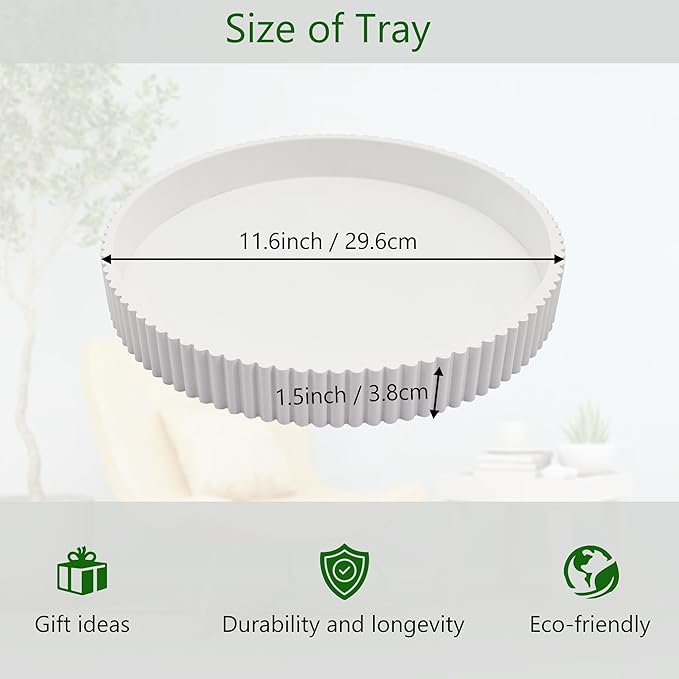 Round Decorative Tray for Coffee Table Decor, 11.8in White Decorative Serving Tray for Kitchen Counter,bandejas decorativas, Wooden Serving Tray for Party