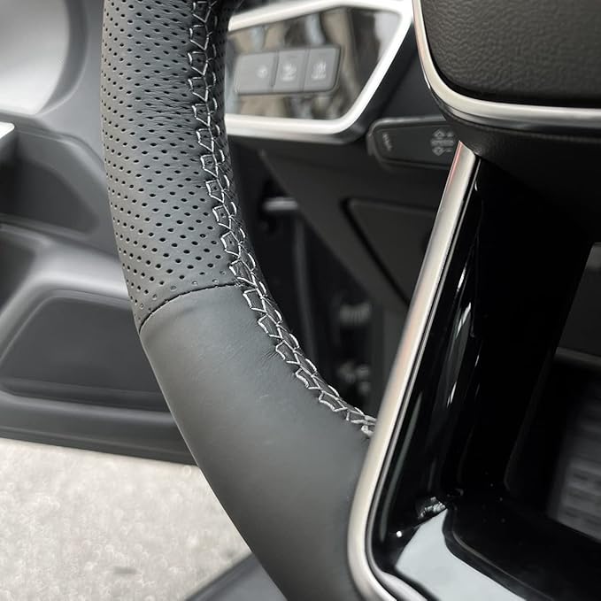 MEWANT Custom Hand Sew Black Genuine Leather Steering Wheel Cover for Audi A6 A6 Allroad A7 RS 6 Avant RS 7 S6 A7