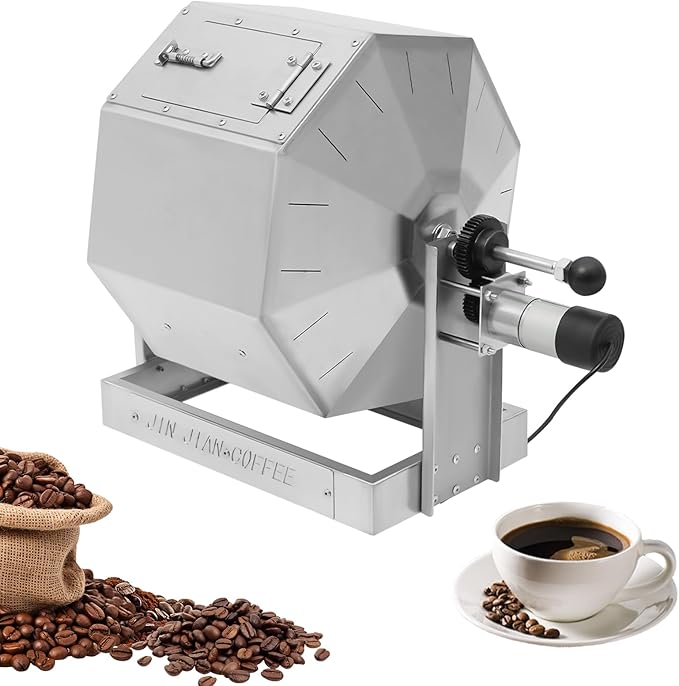 14.5L Coffee Roaster, Stainless Steel Electric Coffee Bean Roaster with Speed Controller 5-45 RPM, 14W Motor, Auto-matic Drum Type Nuts Coffee Bean Baking Machine, Home and Commercial Use Silver