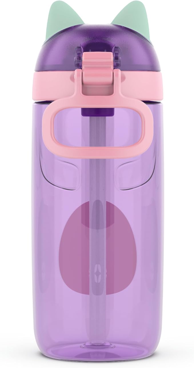 Ello Ellies 16oz Plastic Kids Water Bottle with Straw and Built-in Carrying Handle and Leak-Proof Locking Lid for School backpack, Lunchbox and Outdoor Sports, Cat