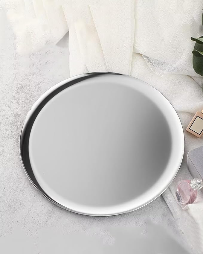 Serving Trays 11.8in Stainless Steel Decorative Tray Round Dessert Trays for Kitchen Wedding Party Light Silver