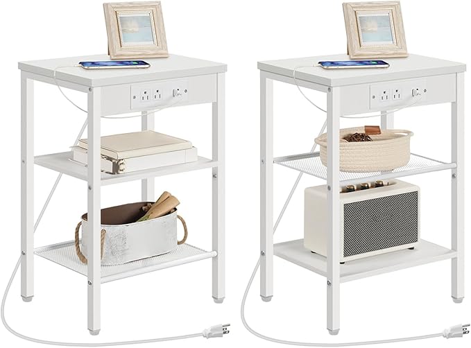 HOOBRO Side Tables Set of 2 with Charging Station and USB Port, Small End Tables for Small Space, 3-Tier Nightstands with Adjustable Shelf, for Living Room, Bedroom, White WW112BZP201