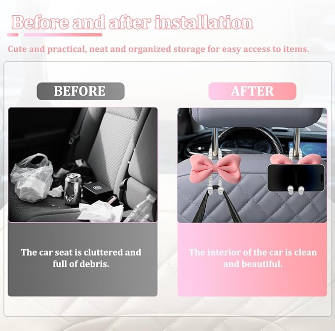 Car Seat Headrest Hook, 2PCS Elegant Bow Pearl Cute Vehicle Back Seat Hanger Hook, Automotive Headrest Storage Organizer for Handbag Purse Coat, Universal for SUV RV Truck (Pink)